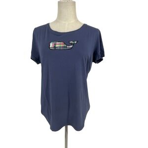 Vineyard Vines Womens Navy Blue Whale Plaid Patch Short Sleeve T Shirt Size M